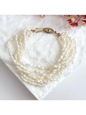 Multi Strand Genuine Rice Pearl Vintage Beaded 6 Strand Bracelet - 8"